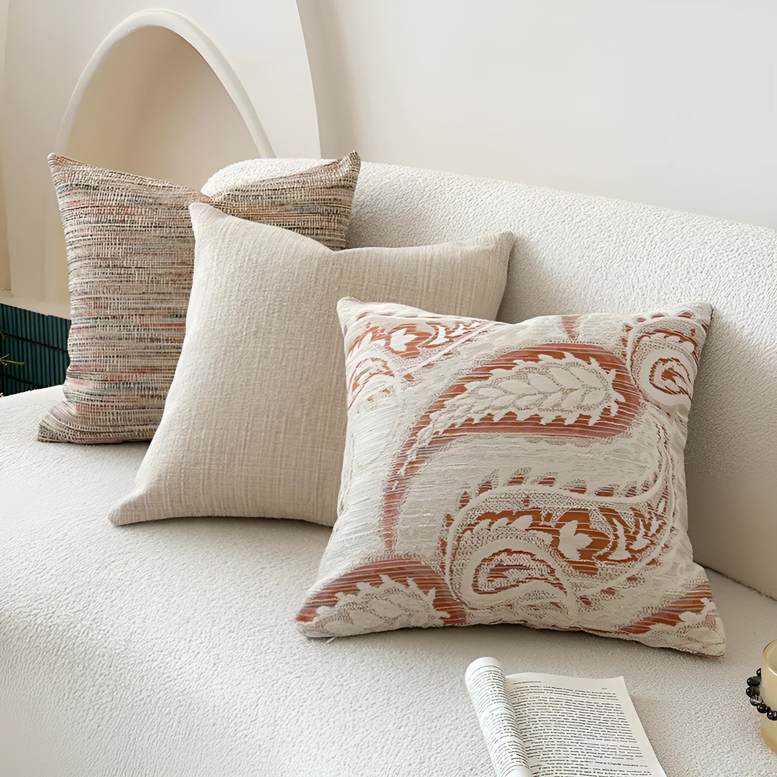 American-style jacquard paisley pillow cover in amber colour showing plant and flower pattern