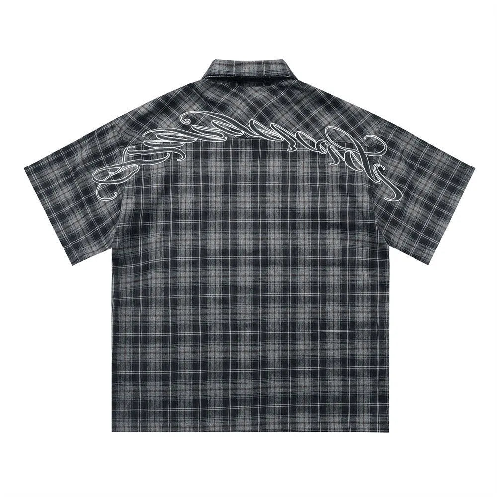 Men's black and brown embroidered plaid short sleeve shirt with lapel collar