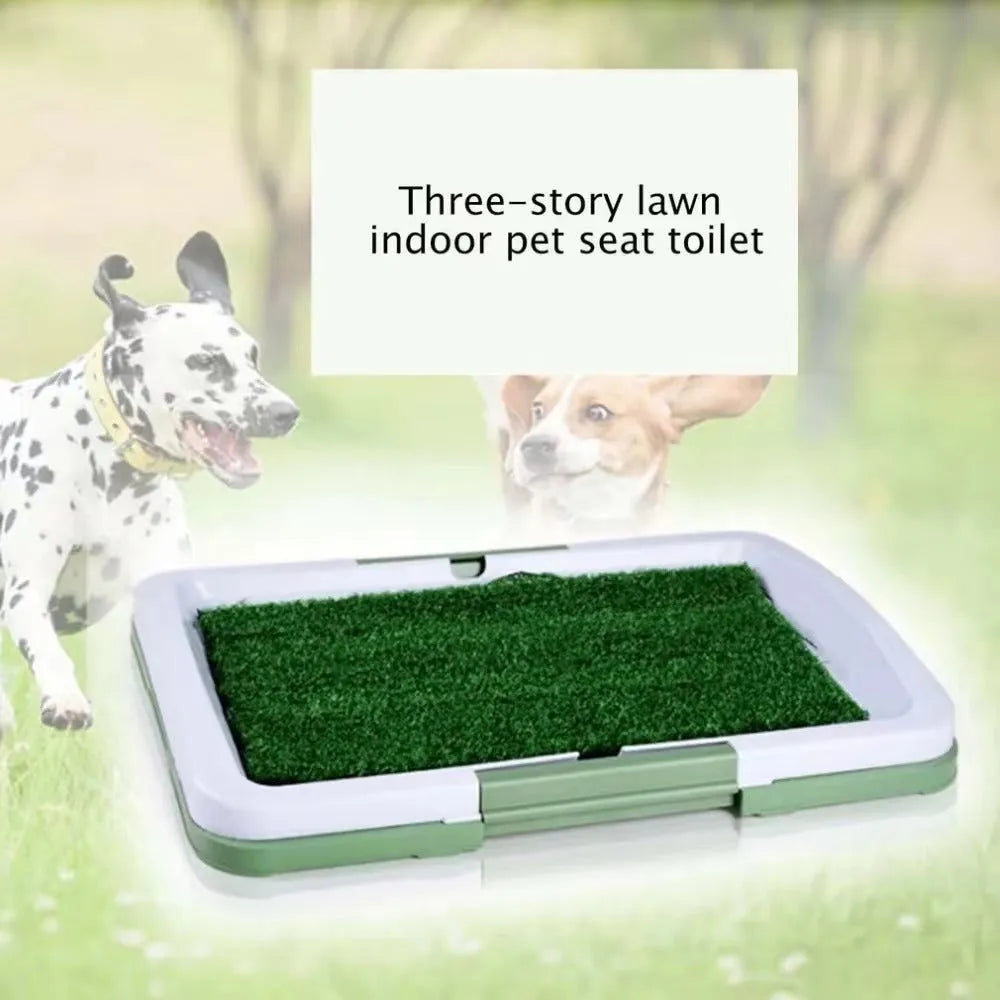 Green three-layer indoor dog toilet tray for puppy potty training with artificial grass