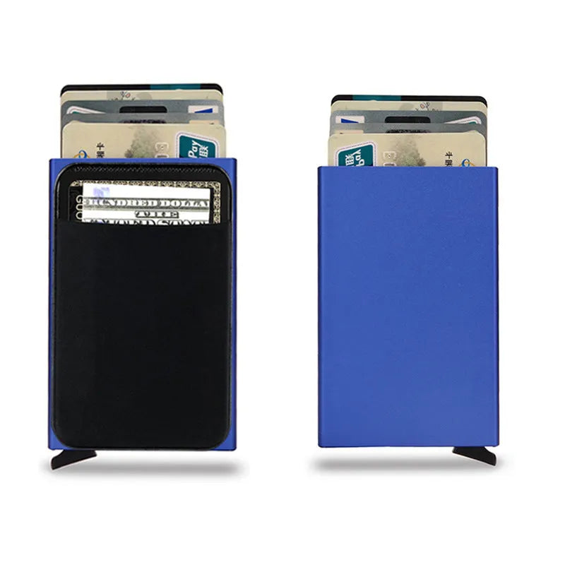 Slim aluminium metal credit card holder wallet with frosted finish shown in multiple colour options.