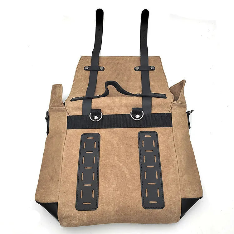 Thick waterproof canvas motorcycle side bag showing dimensions and black colour option