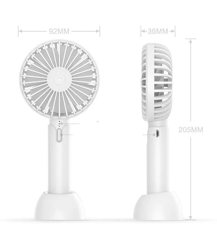 Blue mini USB electric fan with oscillation head and 3 speed controls on desk