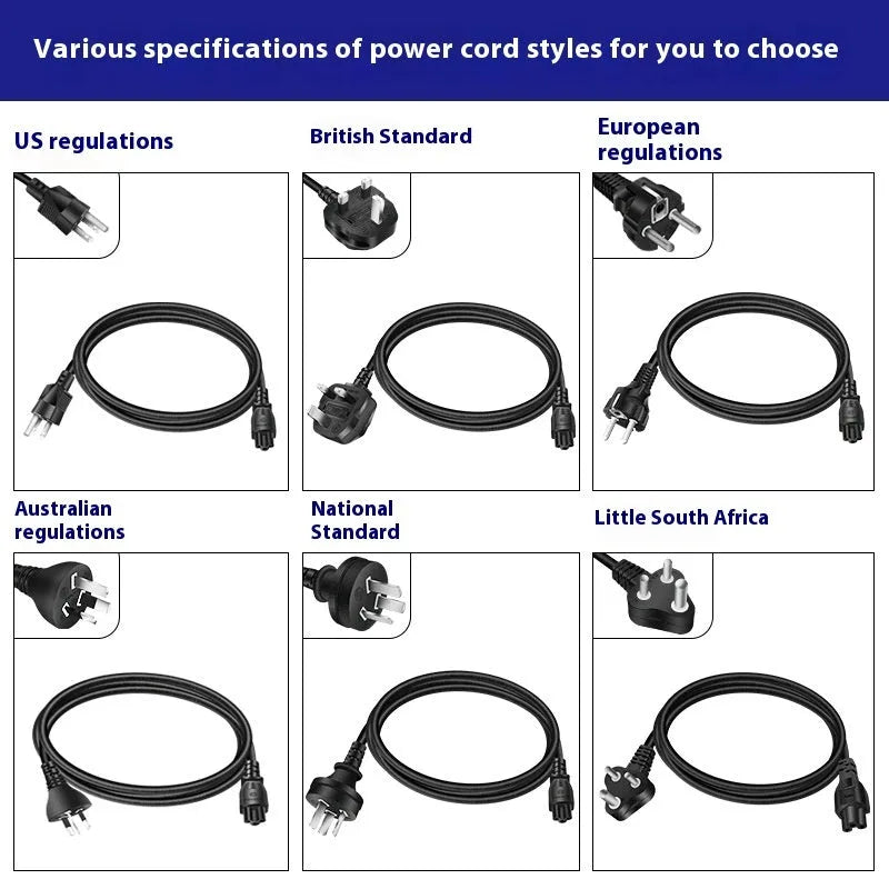 Black 65W Type-C laptop power adapter with multiple international power cords