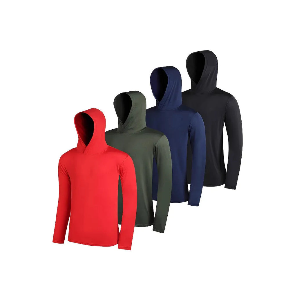 Four men's lightweight hoodies folded, showing elastic polyester fabric and available colour options.