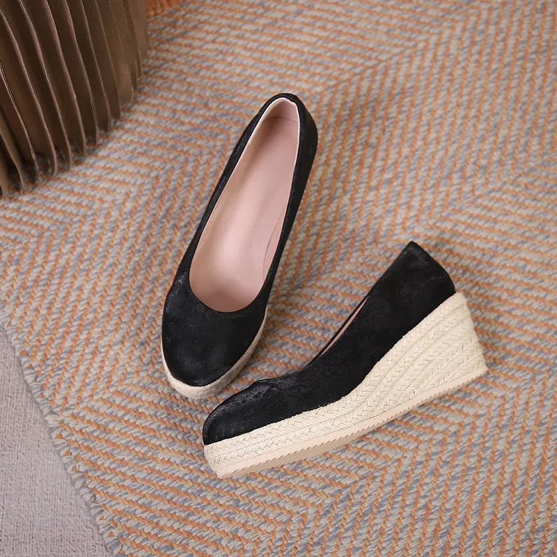 Women's apricot wedge high heel pumps with shallow mouth, rope detail, and thick sole.