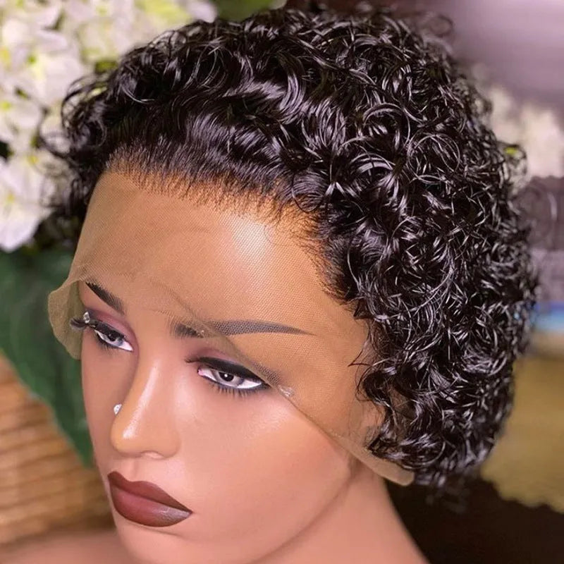 Black human hair lace front pixie wig showing natural hairline