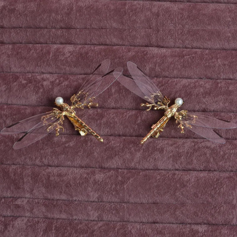 Golden dragonfly side clip headdress with alloy construction and electroplated finish