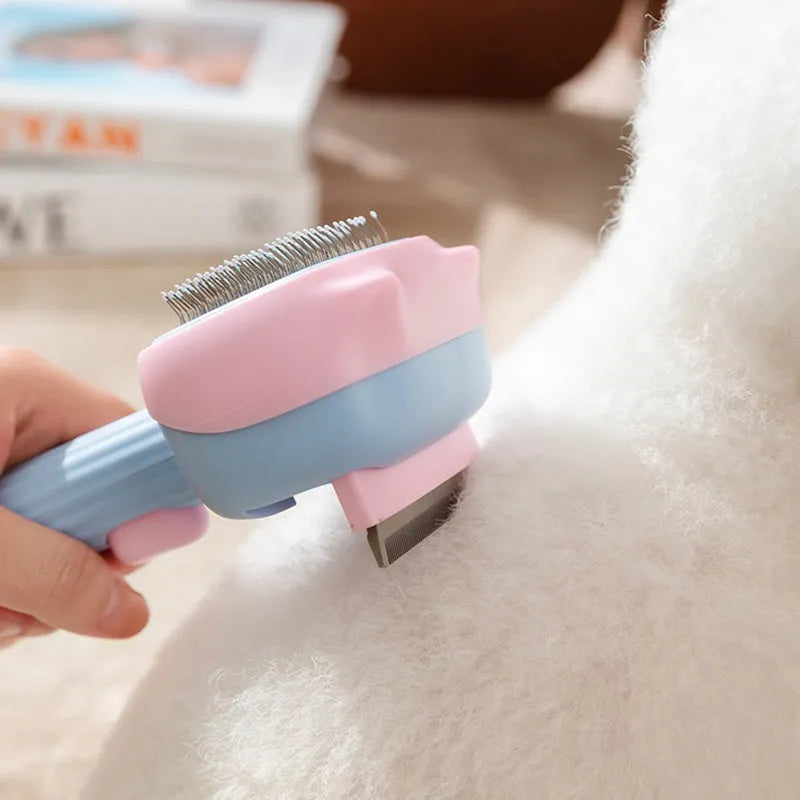 Blue and green double-sided pet grooming brush with deshedding rake and dematting comb for dogs and cats