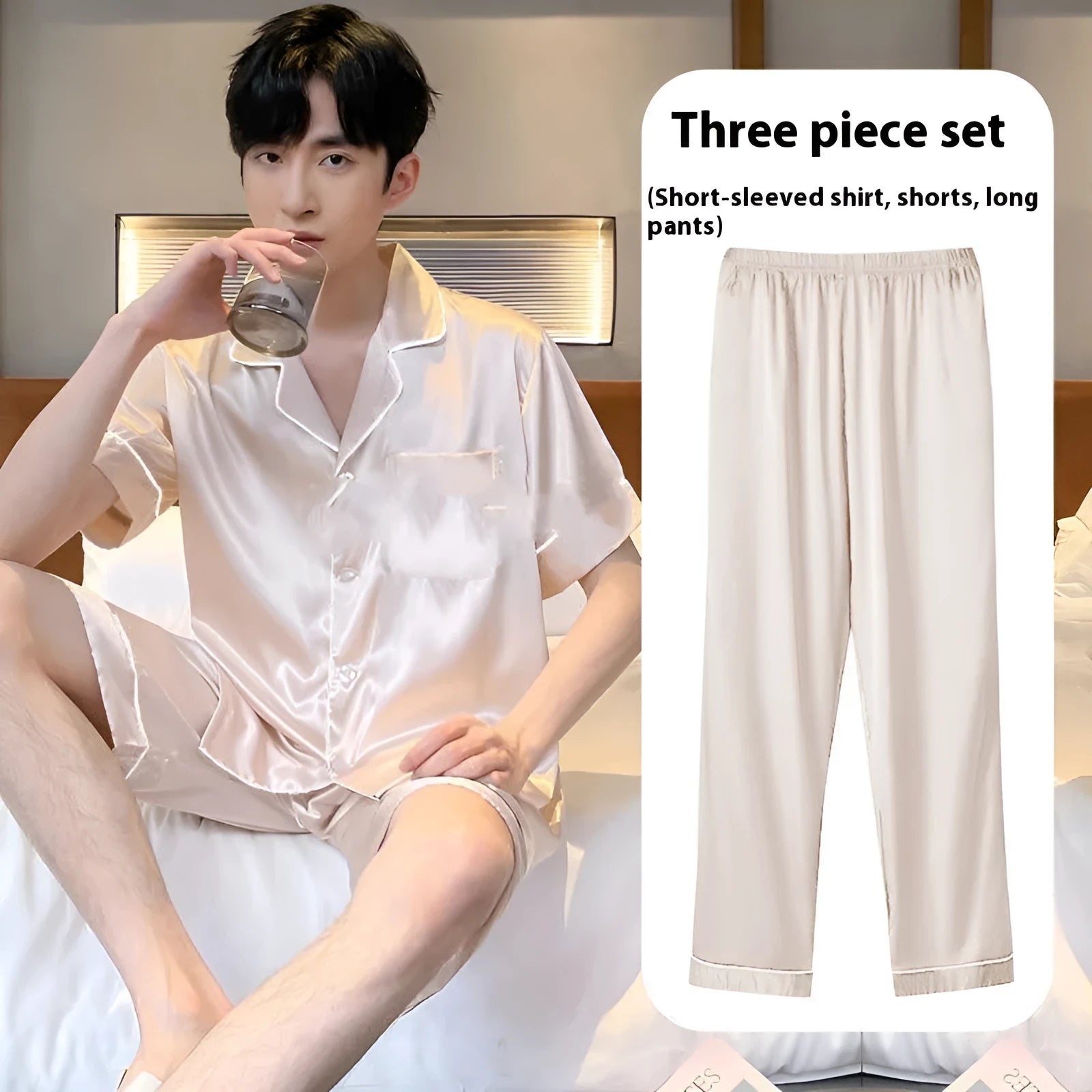 Men's ice silk three-piece homewear set showing coordinated top, shorts, and trousers in thin fabric