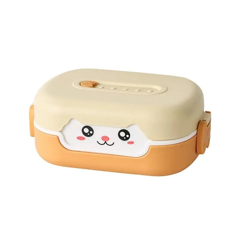 Square plastic lunch box with divided compartments in dark blue, pink and green, or orange yellow colours