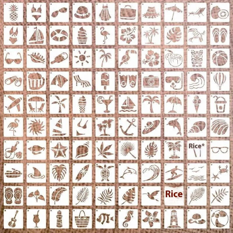 Milky white PET film hollow stencil sheets showing flower, animal, ocean, and letter designs for spray painting.