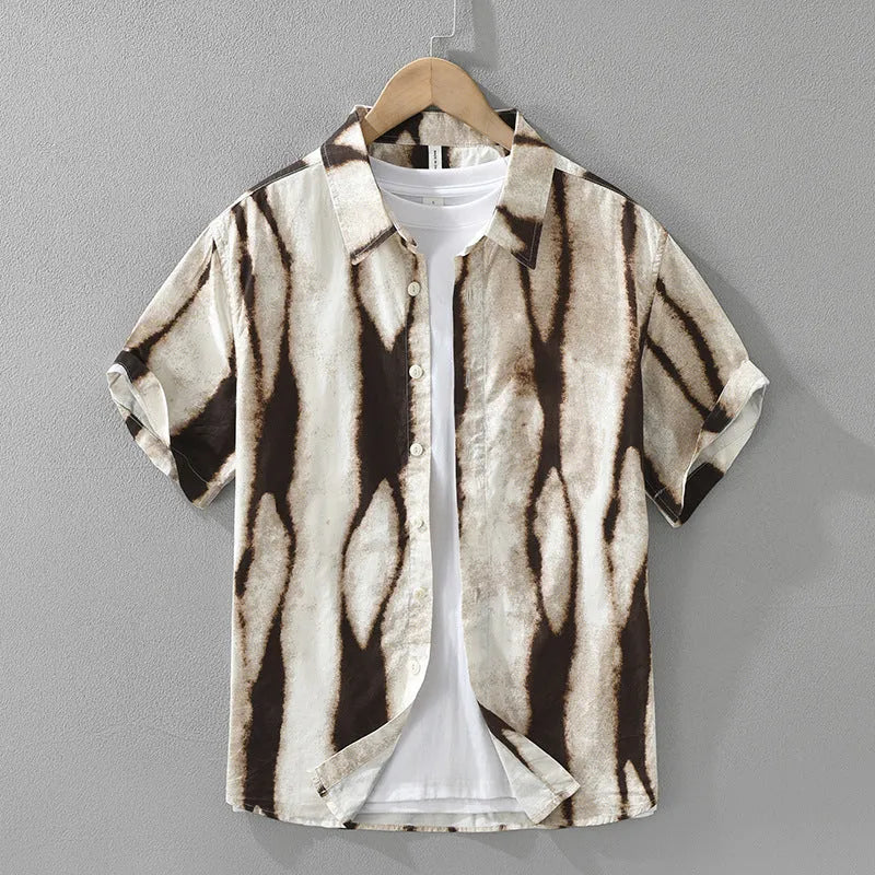Retro striped short sleeve cotton cardigan shirt in black and brown colours