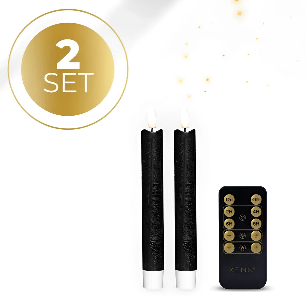 Four black LED taper candles with realistic 3D flame effect, each measuring 18cm tall