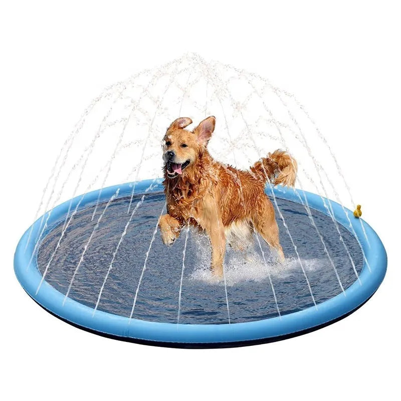 Blue inflatable dog sprinkler mat with water droplets on anti-slip surface, connected to a hose.