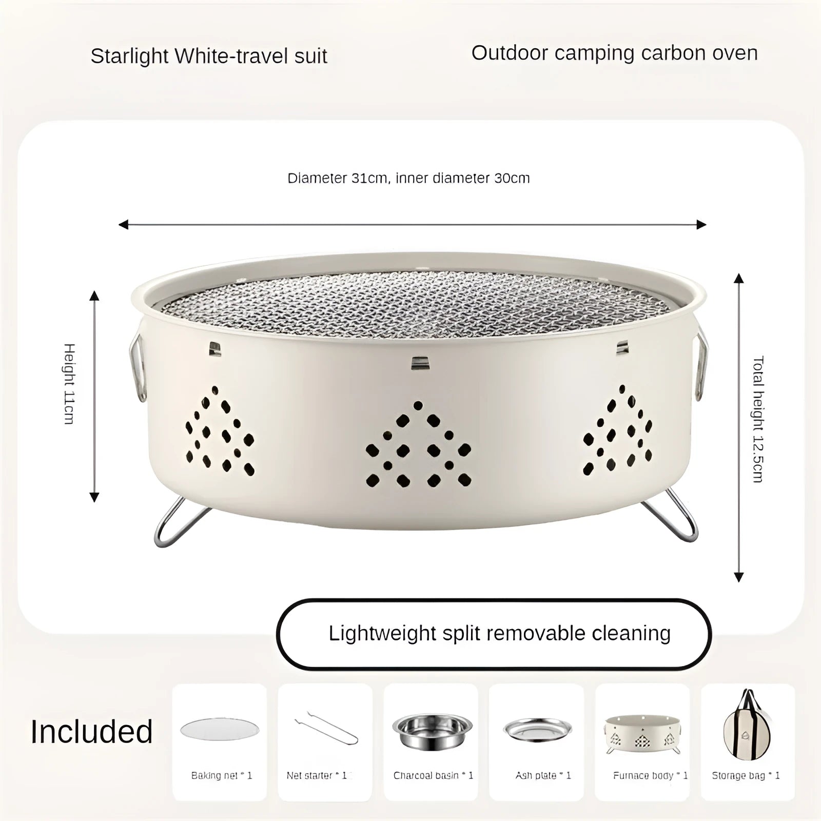 Portable stainless steel charcoal barbecue grill with detachable parts and a carry bag.
