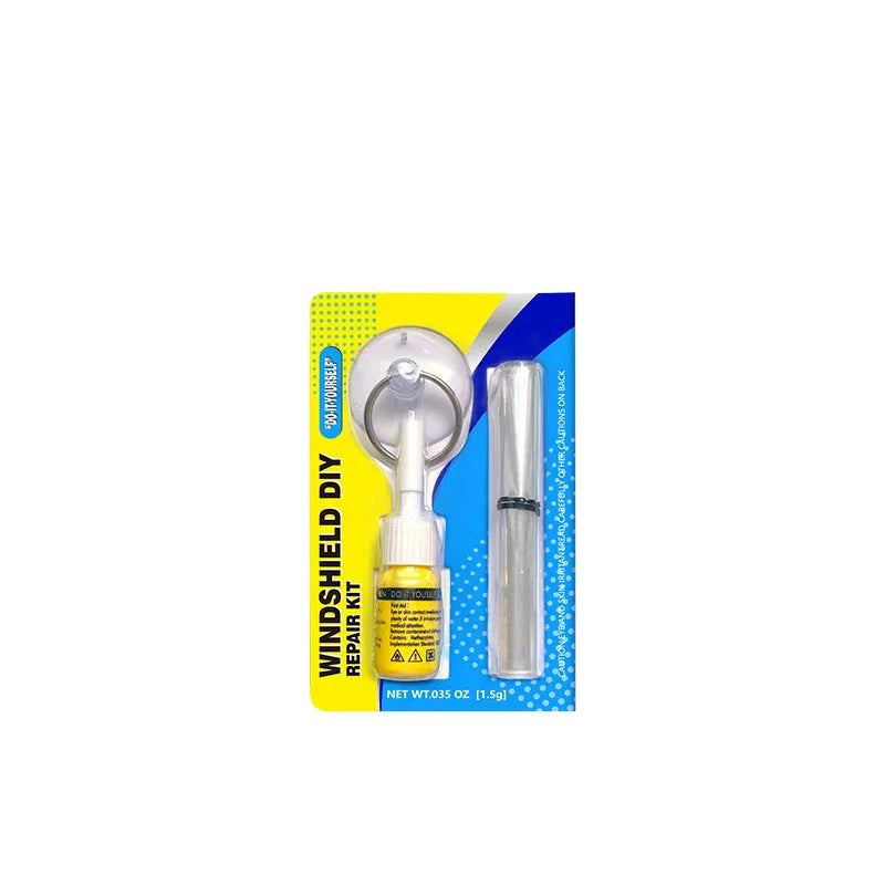 Car windshield crack repair kit with plastic applicator tool and resin bottle