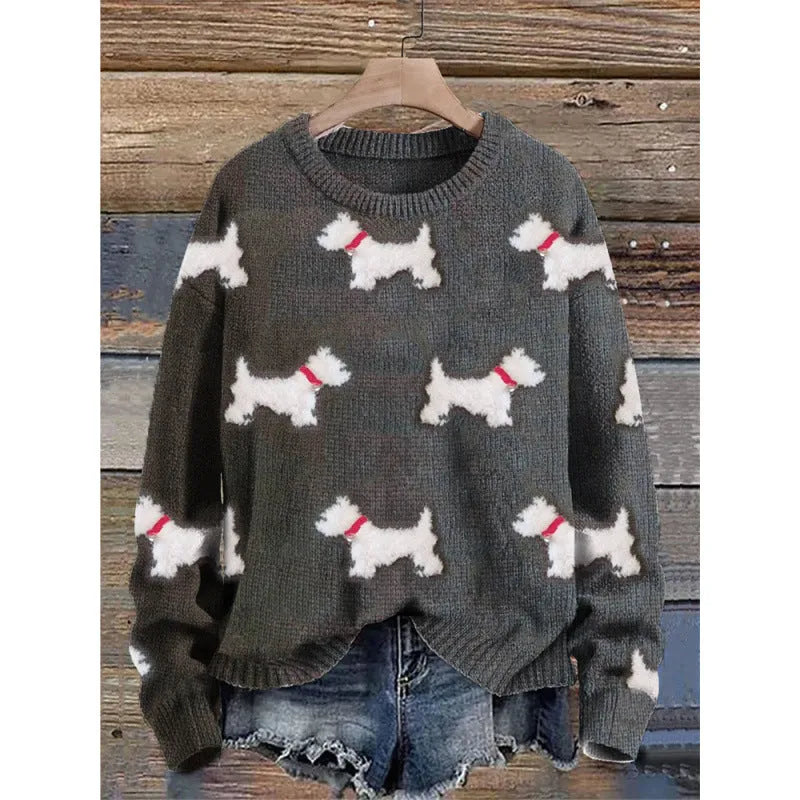 A round neck casual sweater with a small digital floral print, shown in one of thirteen available colours.