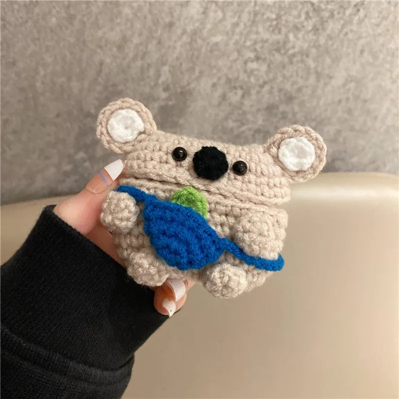Handmade knitted AirPods protective case with koala bear backpack design for wireless earbuds