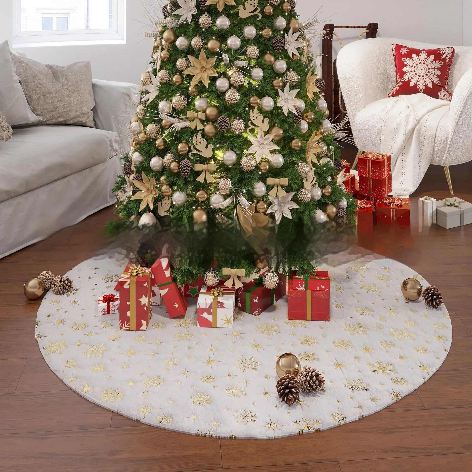 Plush Christmas tree rug with snowflake star motif in four size options on wooden floor