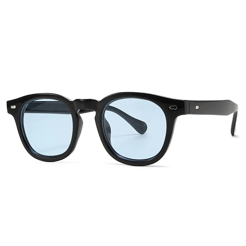 Round rim plastic sunglasses in bright black frame with black and grey lenses