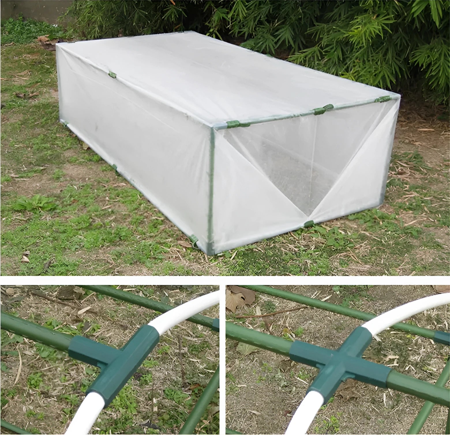 Two white PP plastic garden connectors, one 3-way and one 4-way, for 11mm plant support stakes.