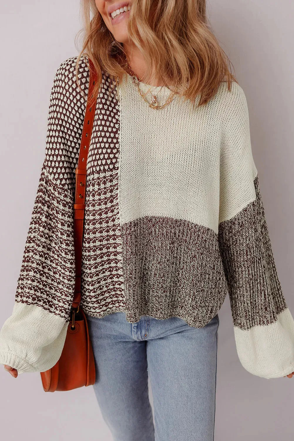 Dark khaki colour block loose knit sweater with drop shoulders and back tie detail