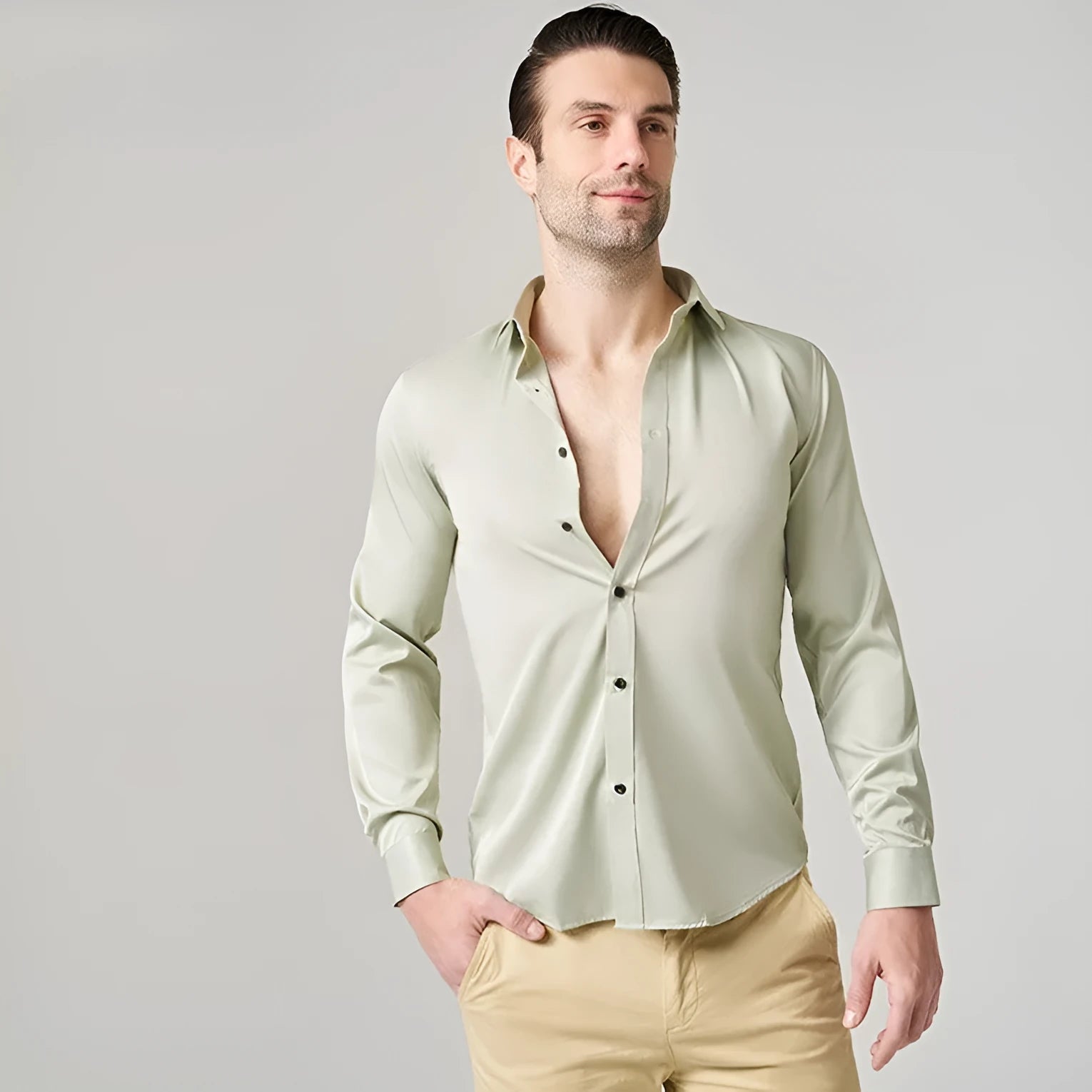 Men's long sleeve stretch work shirt in polyester, shown in a colour from the range of fifteen options.