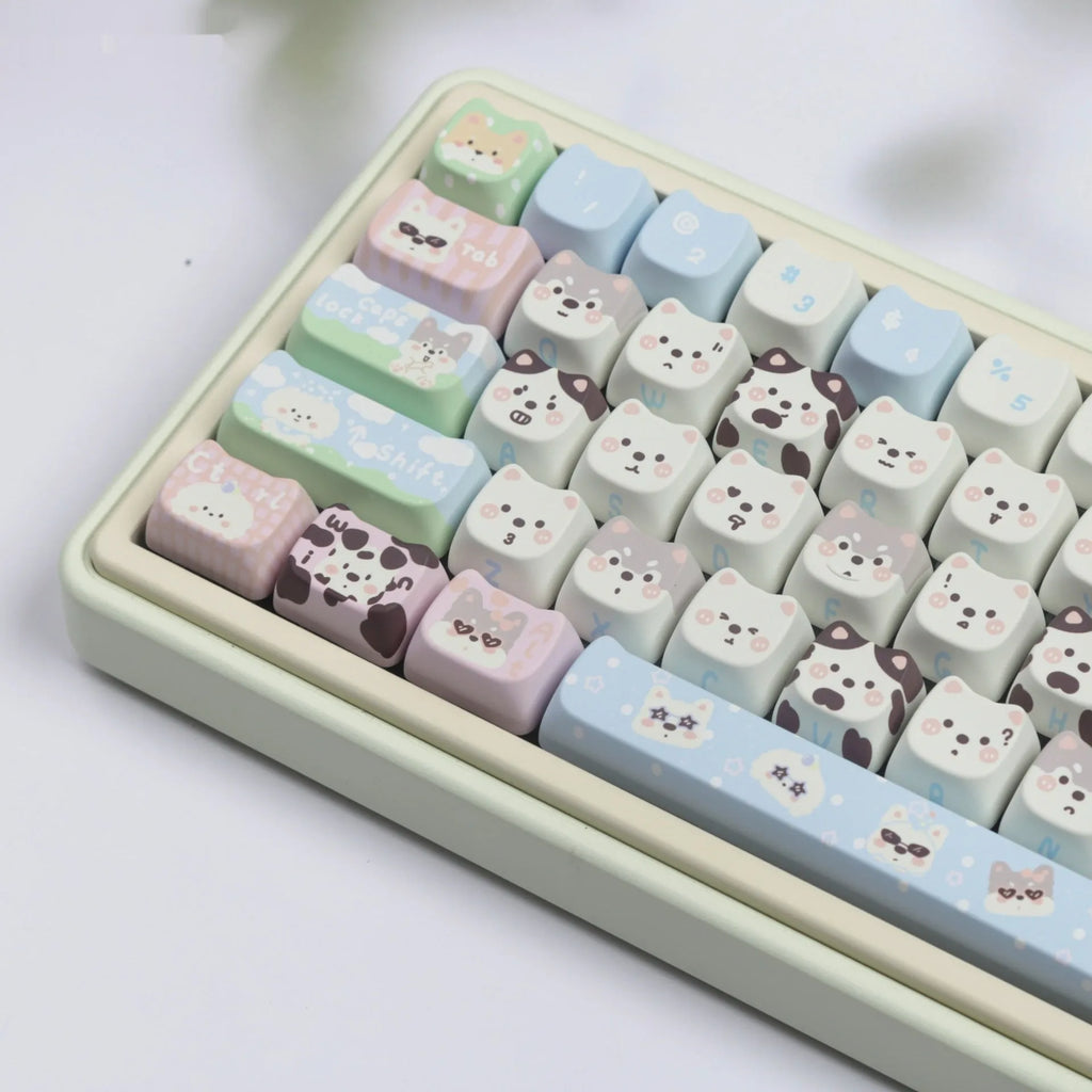 PBT sublimation keycap set with colourful cartoon puppy and cat designs for mechanical keyboards