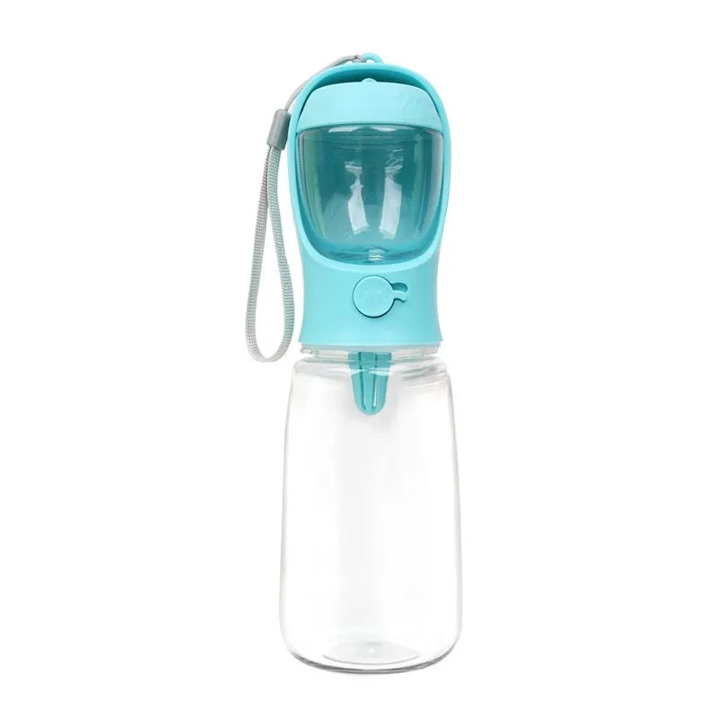 Portable dual-use dog drinking cup showing water dispenser and separate grain bowl compartment