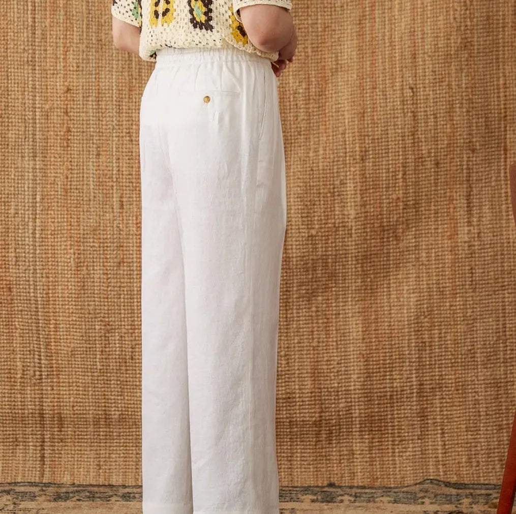 Linen high-waist trousers with elasticated waistband and straight-leg cut in navy blue colour