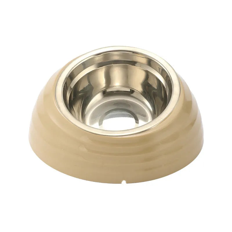 Stainless steel cat bowl on a plastic base in beige, brown, or light green.