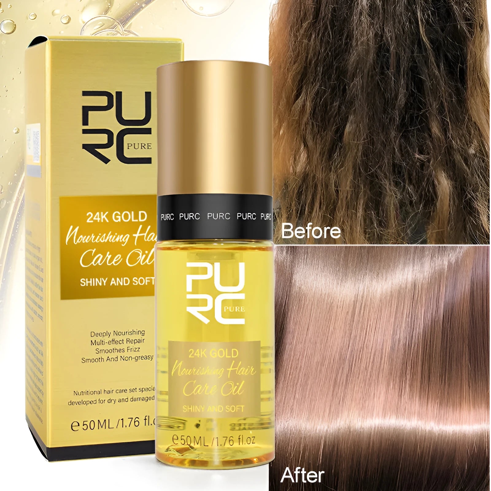 Yellow 50ml bottle of curly hair repair essential oil for split ends and perm damage care