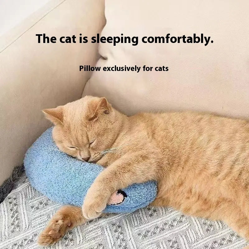 Cat pet bed mat with U-shaped neck pillow in blue, shown in a moon pillow style