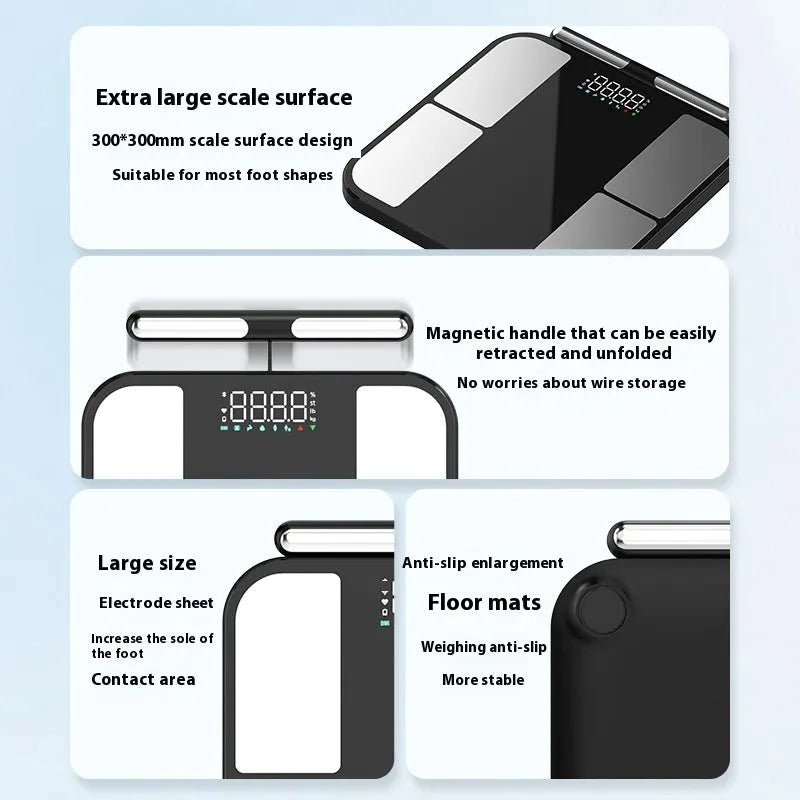 Black electronic weighing scale with 30x30cm tempered glass platform showing body fat percentage on colour screen