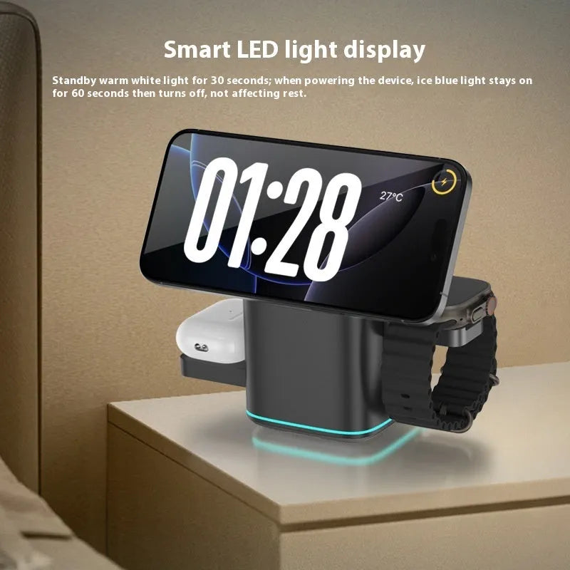 Black mobile phone magnetic wireless charging stand showing 180-degree rotation mechanism