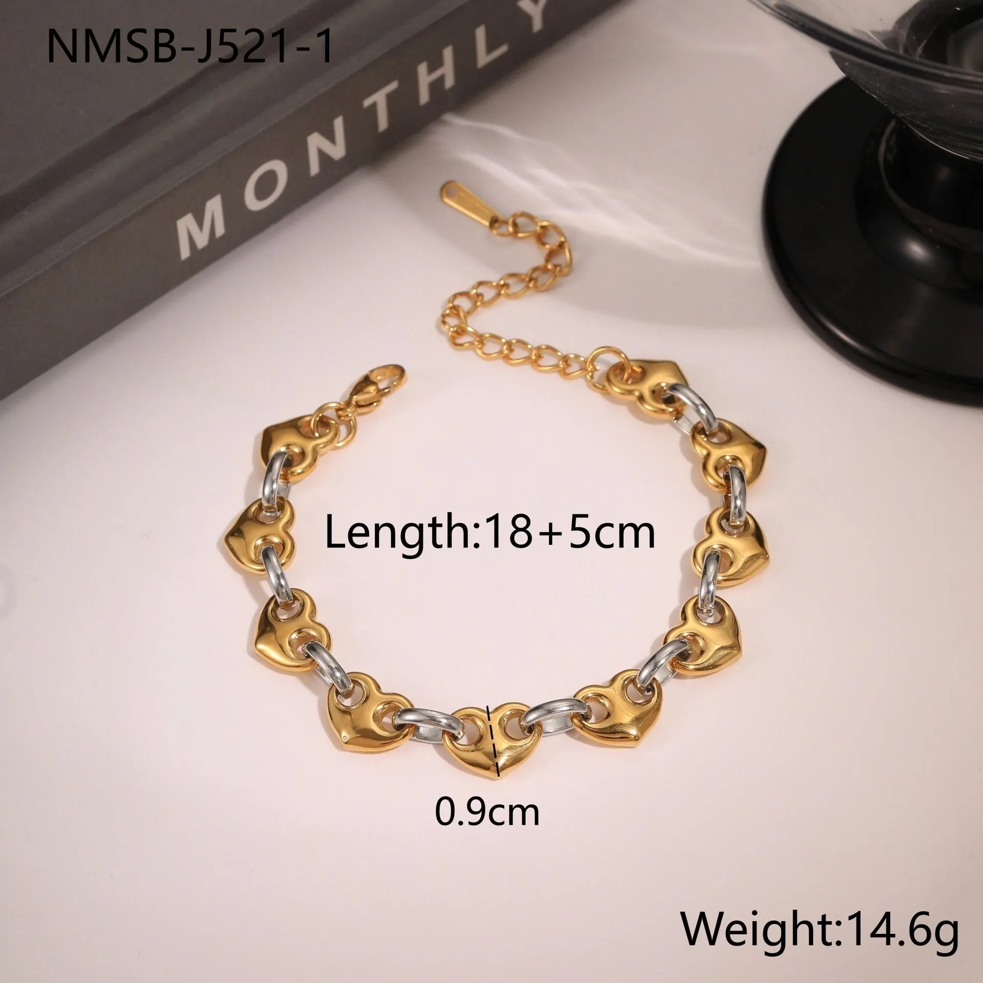 Women's hollowed-out heart bracelet in gold finish with geometric design and stainless steel construction
