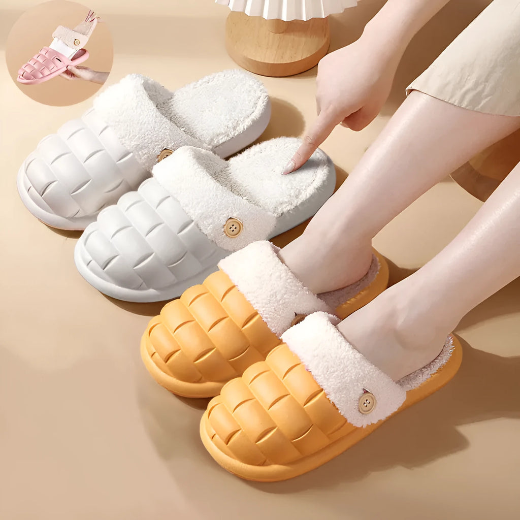 Women's detachable plaid winter slippers with plush lining and non-slip EVA soles in various colours