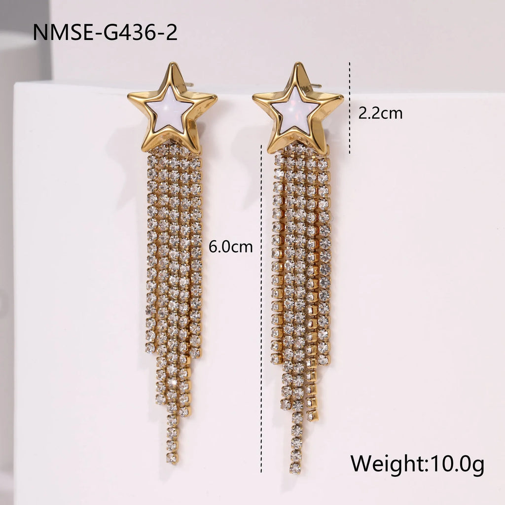 Women's stainless steel earrings with diamond tassel and love heart charm in gold tone