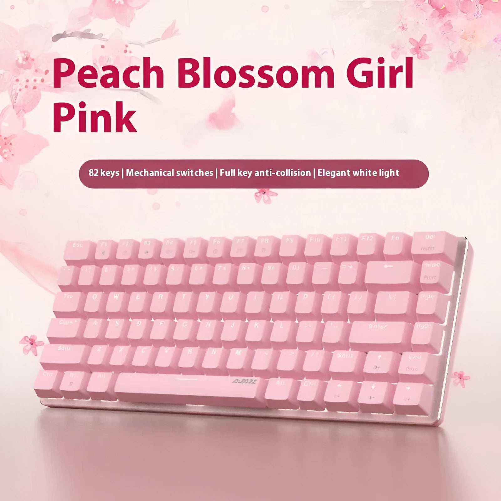 Pink mechanical keyboard with 82 keys and white backlight illumination on metal frame