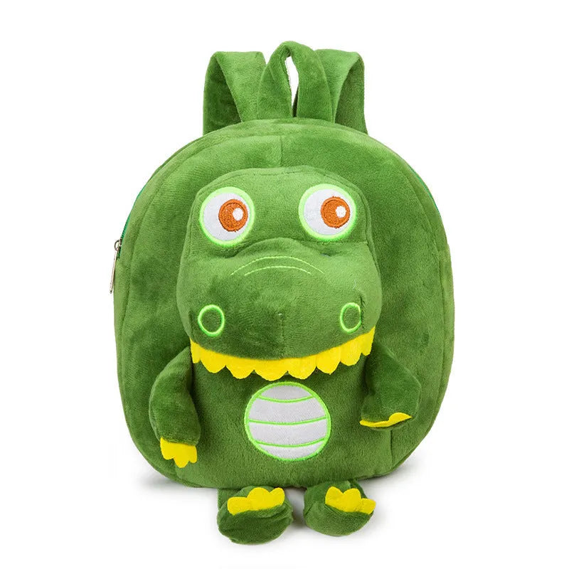 Blue soft plush dinosaur children's backpack with embroidery and a soft handle.