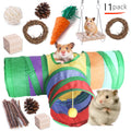 Assortment of wooden and natural fibre chewing toys for pet rabbits, guinea pigs, and parrots on a straw mat