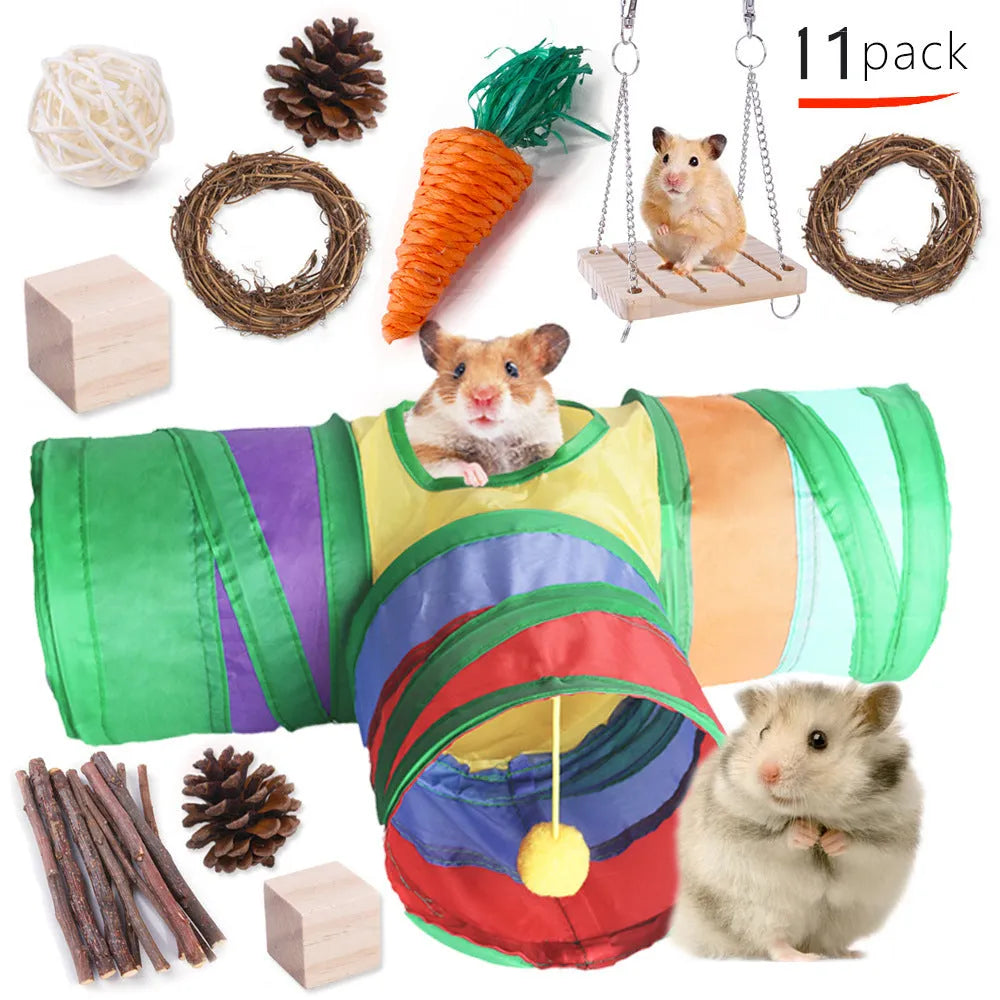 Assortment of wooden and natural fibre chewing toys for pet rabbits, guinea pigs, and parrots on a straw mat