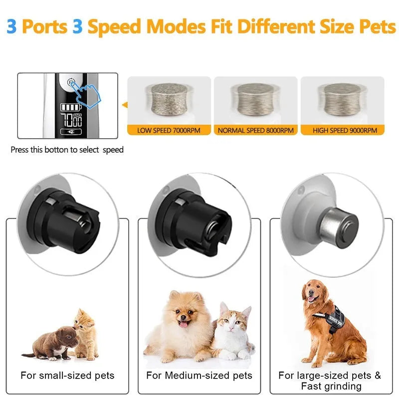 Electric dog nail grinder with LCD screen, LED lights, and a dust collection cup attached.