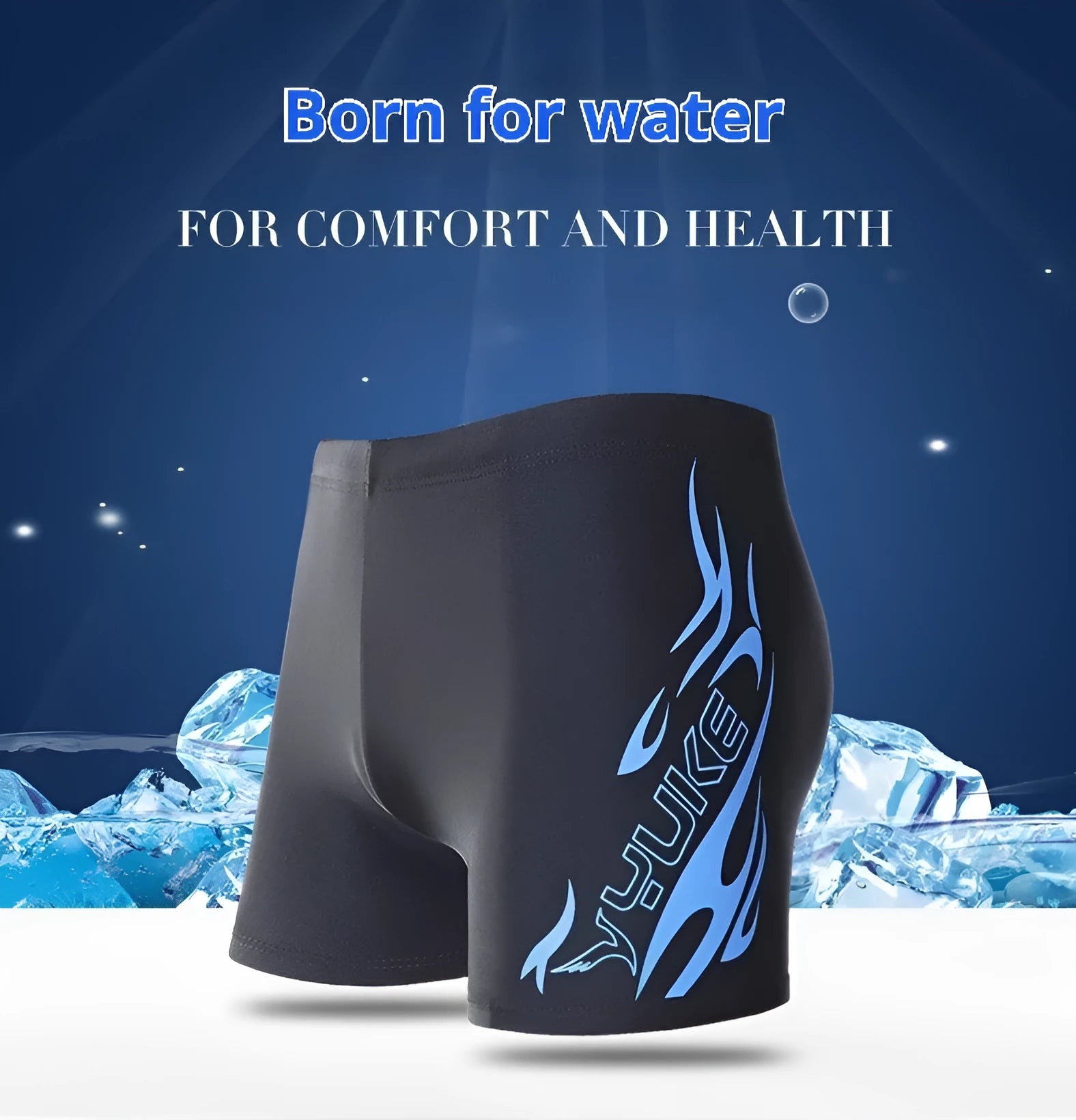 Men's plus size swimming trunks with blue fire graphic pattern on black background