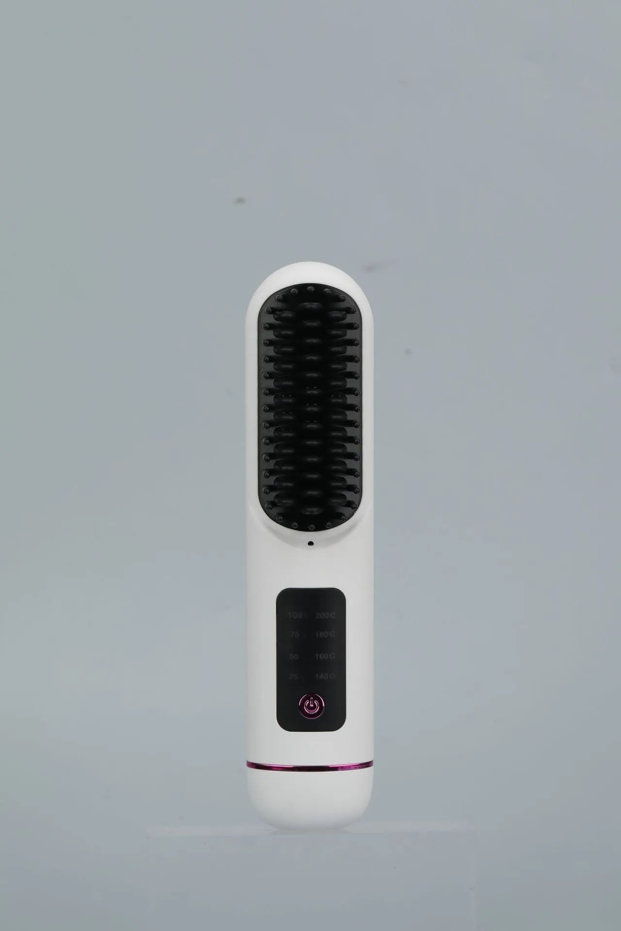 Portable negative ion hair straightening comb in blue, grey, or white, showing handheld size.