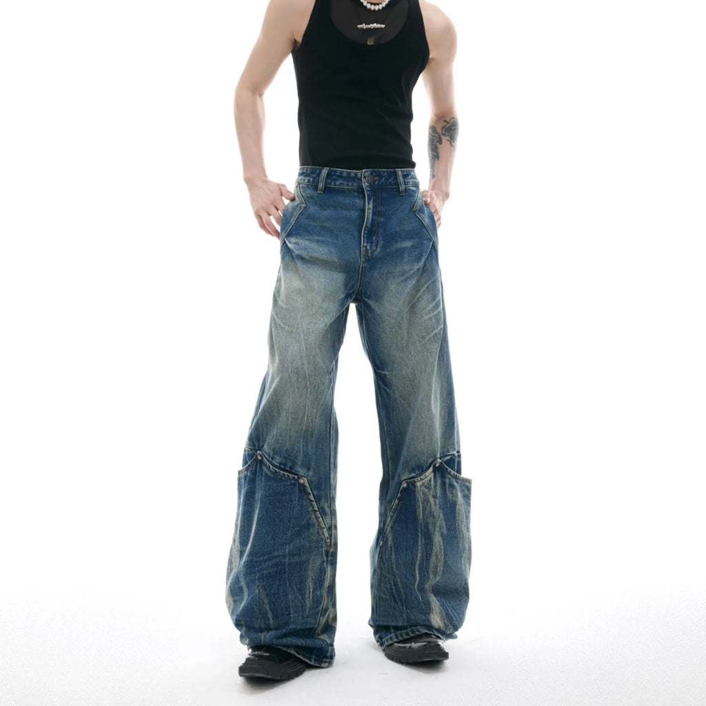 Men's verdant blue retro jeans with washed burst pattern and curved knife loose fit