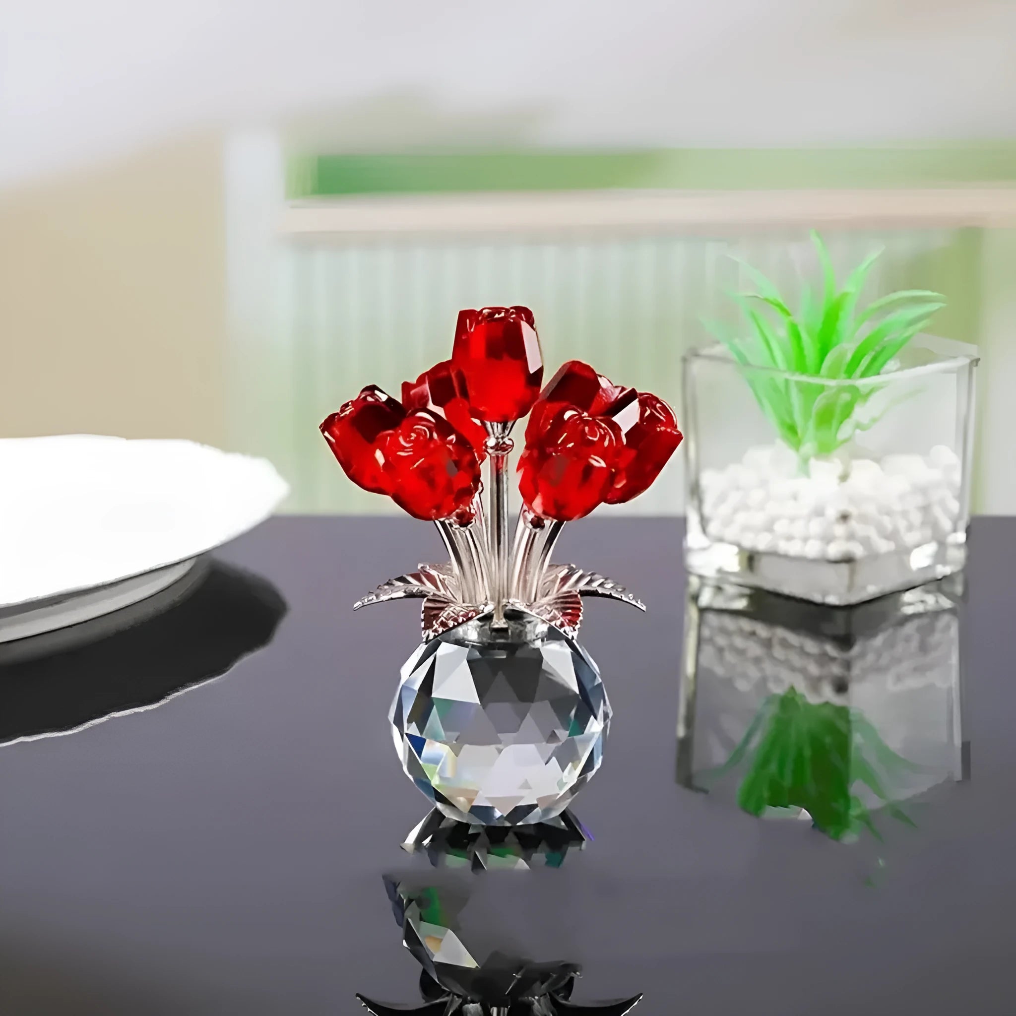 K9 crystal glass rose decoration with geometric shaping in one of seven colour options