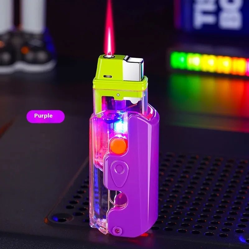 Orange, purple, and green plastic lighter with wind-resistant function on a simple bare metal background.