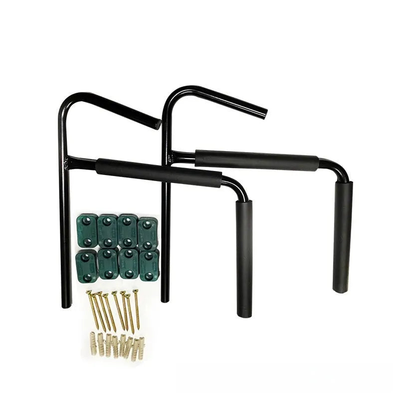 Carbon steel kayak and surfboard wall storage rack mounted on a garage wall.