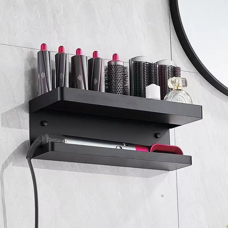White punch-free Marcel waver shaped bathroom storage rack with two aluminium tiers for hair curler organisation